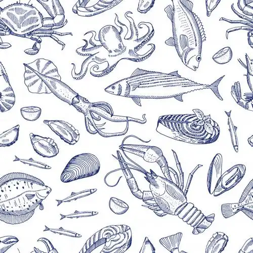 手绘海鲜素描元素草图插画