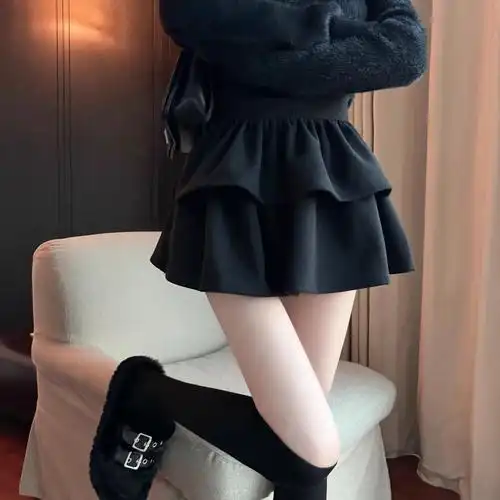 半身裙女秋冬季纯色裙子短款松紧高腰显瘦荷叶边蛋糕短裙