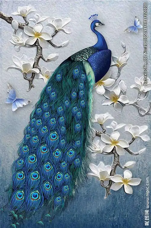 花枝 大气蓝色孔雀玄关壁画图片