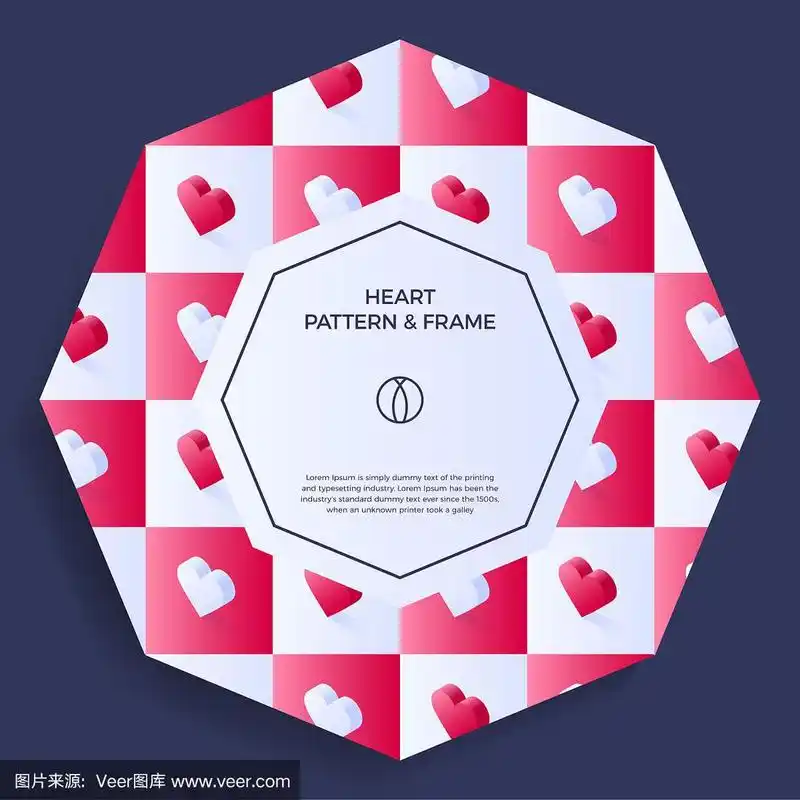 海报,横幅或卡片边框边框上绘有爱的等距心形图案.六边形的几何形状.