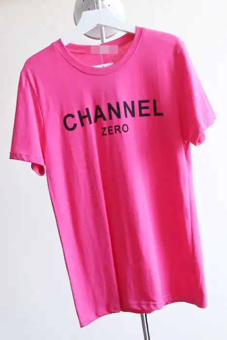 清仓 欧美风 宽松女款 打底衫 香奈儿 荧光粉色字母 短袖t恤女