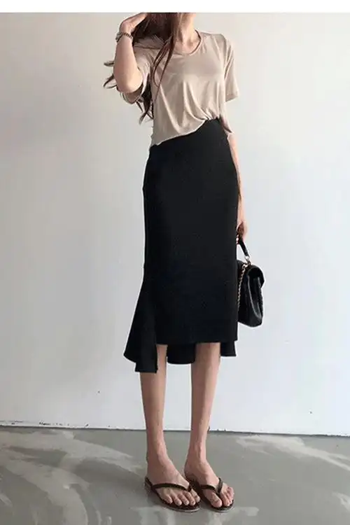 果愉鱼尾裙半身裙女夏季中长款不规则弹力高腰开叉修身显瘦黑色包臀裙