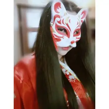 日式和风手绘 猫咪夏目友人帐 狐狸半脸纸浆面具cosplay 狐狸手绘12