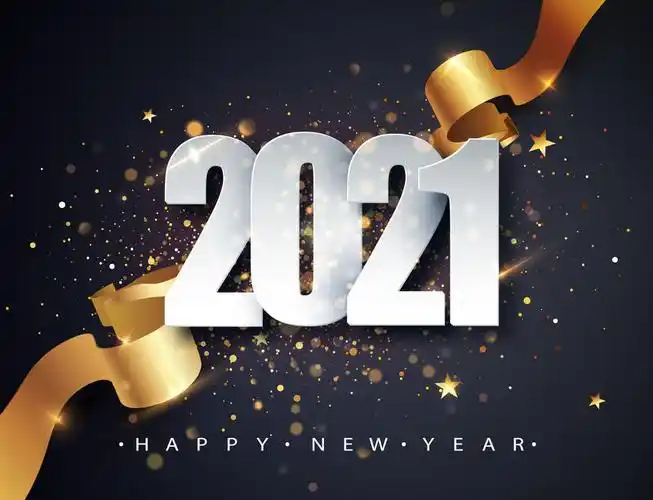 2021新年快乐矢量背景,金色礼品丝带,彩色纸屑,白色数字.