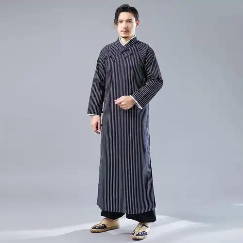 复古新款交领条纹长袍中国风棉麻盘扣马褂加长款唐装