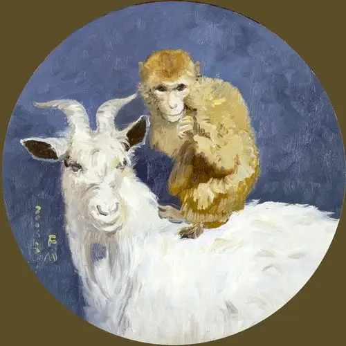 谢芳敏《猴骑羊》板面油画