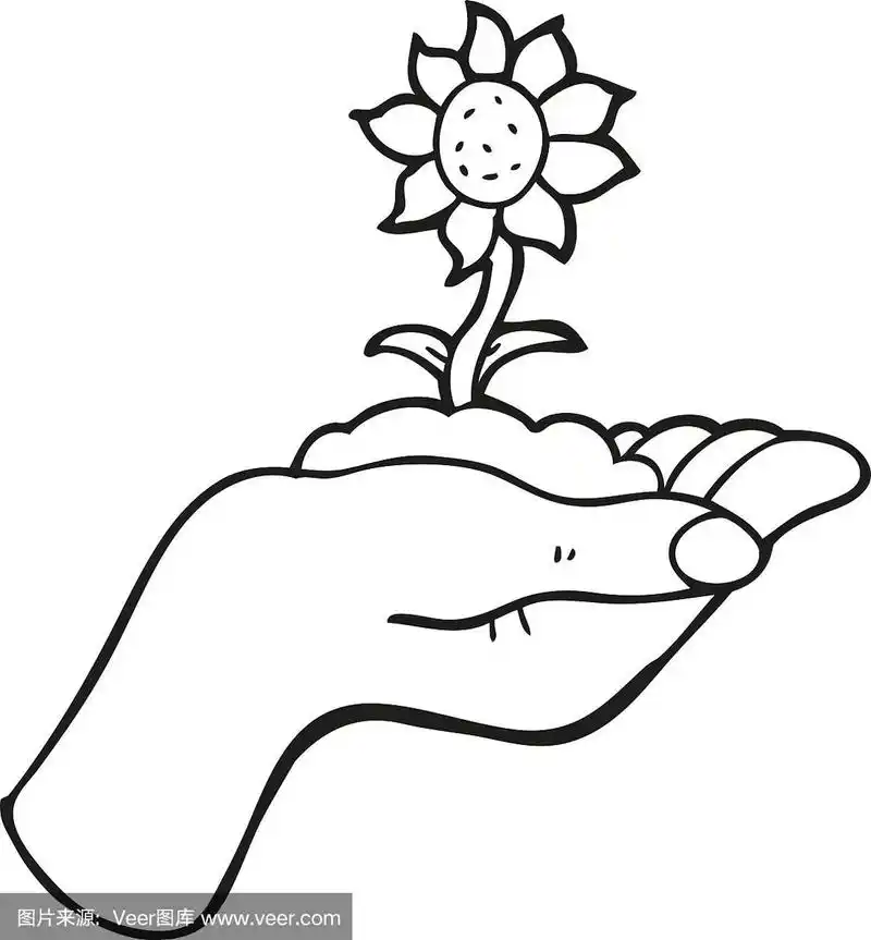 手掌中生长着黑白卡通花朵