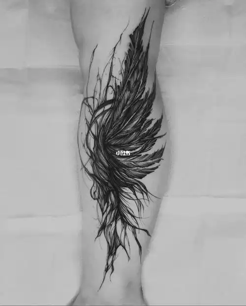 厦门纹身分享小腿意识流线条暗黑翅膀纹身