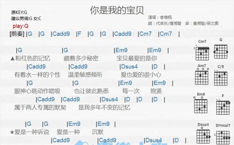 李唯枫你是我的宝贝吉他谱g调吉他弹唱谱和弦谱