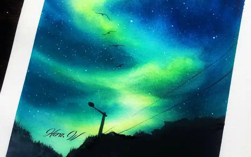 【水彩日记】用画笔绘下极光,一起开启浪漫之旅——极光水彩示范