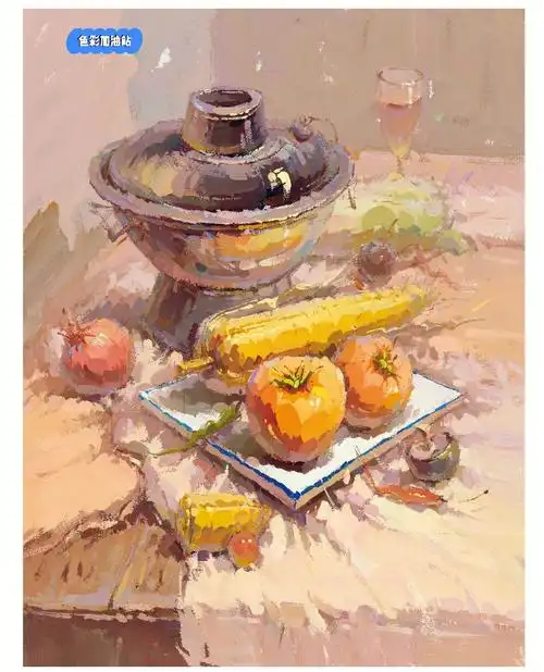 色彩静物不锈钢完整画面临摹照片带步骤