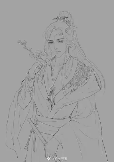 线稿古风美男黑白