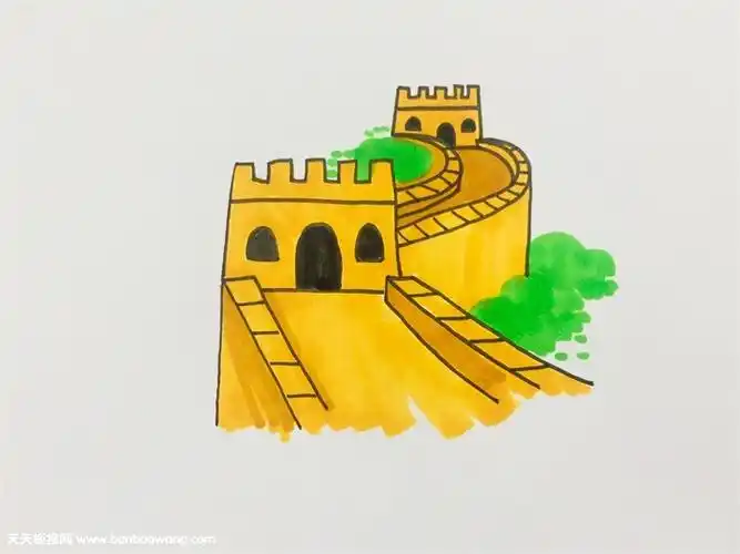 5,最后在城墙两侧用绿色彩笔画出植被,简单的长城就画好啦.