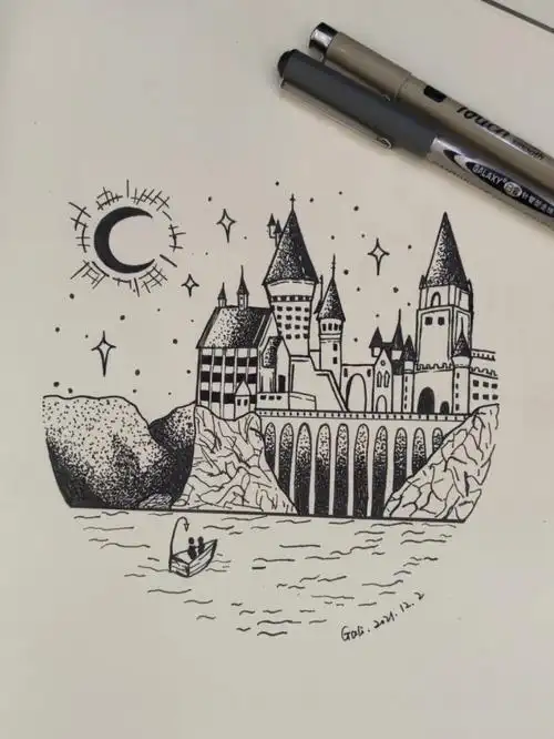 122月下城堡黑白线描画针管插画临摹