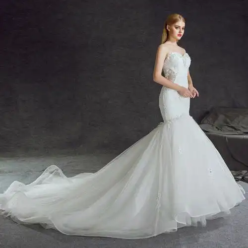 婉纱仙妮婚纱礼服2016新款抹胸修身鱼尾蕾丝长拖尾婚纱新娘定制