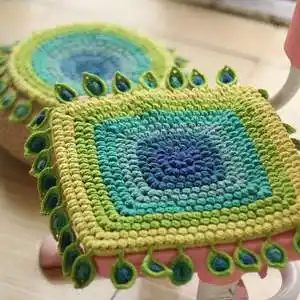 勾线孔雀羽坐垫 手工diy钩织地垫编织钩针材料包手编毛线套包钩线