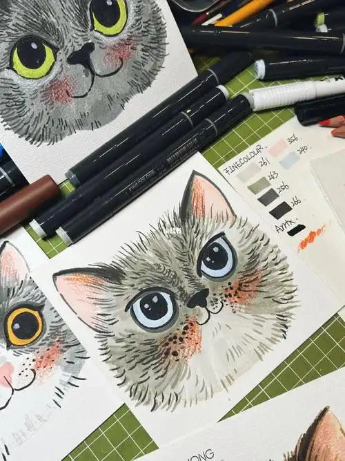手绘插画动物猫咪插画马克笔绘制过程教程
