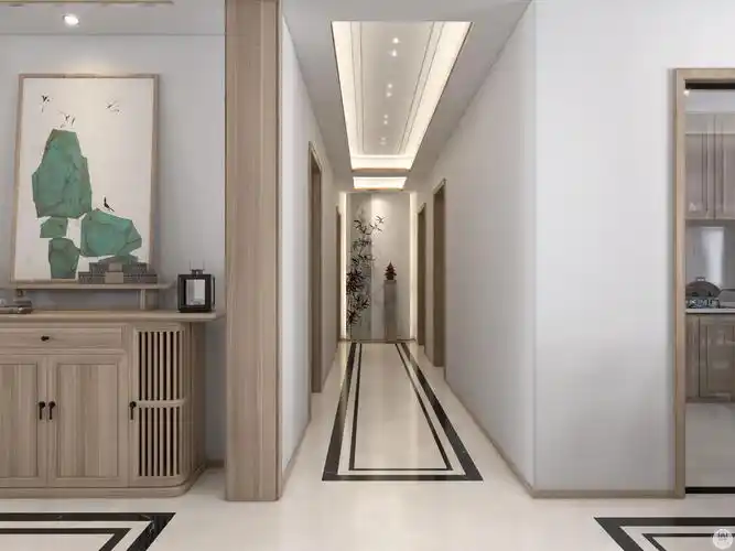用吊顶的灯带以及地砖让整个过道显得宽敞明亮.