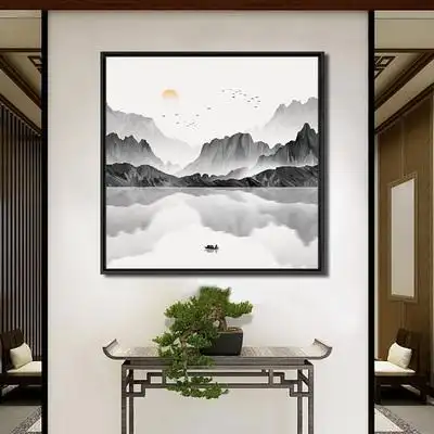 玄关装饰画新中式壁画客厅茶室背景墙画餐厅山水画禅意挂画正方形