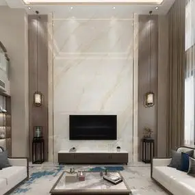 洛邦岩板 别墅复式挑高客厅电视背景墙 简约现代中空大理石沙发墙