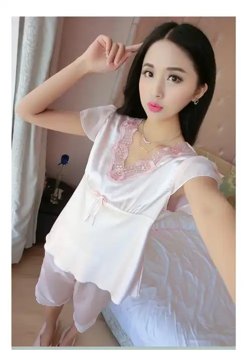 睡衣女夏季丝绸女士睡衣v领纯色优雅花朵家居服套装多色可选