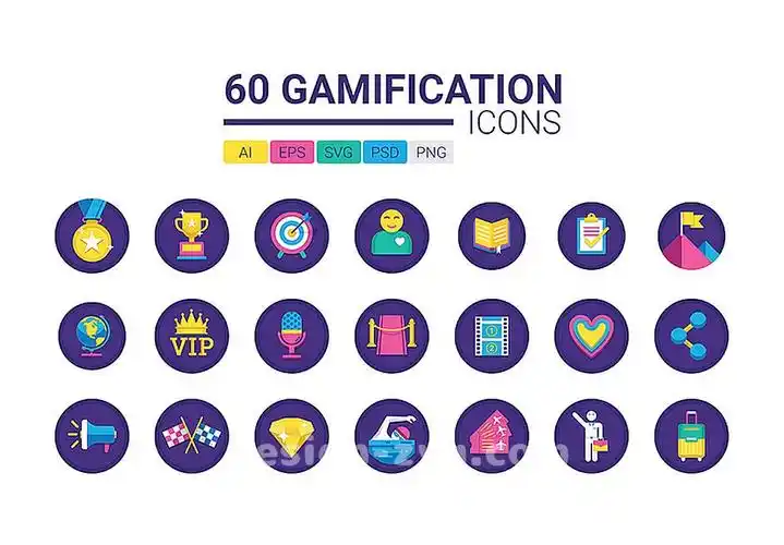60个商业教育娱乐社交媒体商业竞技比赛矢量图标大全gamification