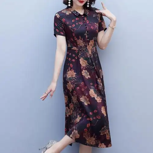 妈妈夏装真丝连衣裙中老年女装中长高贵裙子大码中老年女装