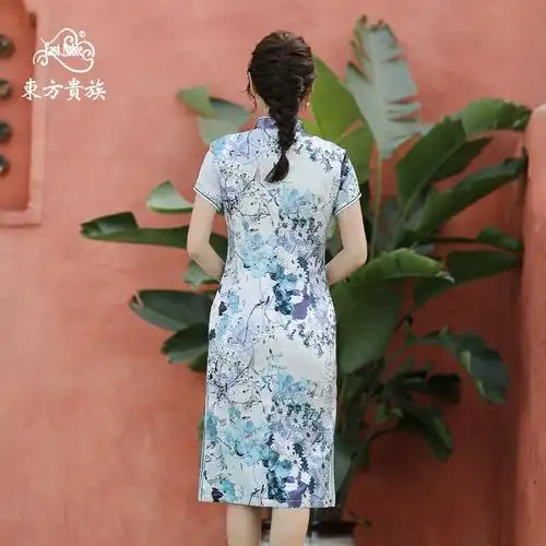 旗袍改良版修身连衣裙子真丝印花中长款东方贵族中国风2020年新款