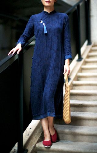 念奴娇柜中缘原创中式深蓝色柔软轻盈提花麻棉九分袖长旗袍女秋