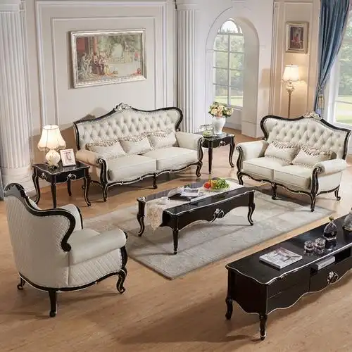 犇鑫西牛简约欧式沙发新古典黑色实木真皮沙发大小户型客厅沙发组合