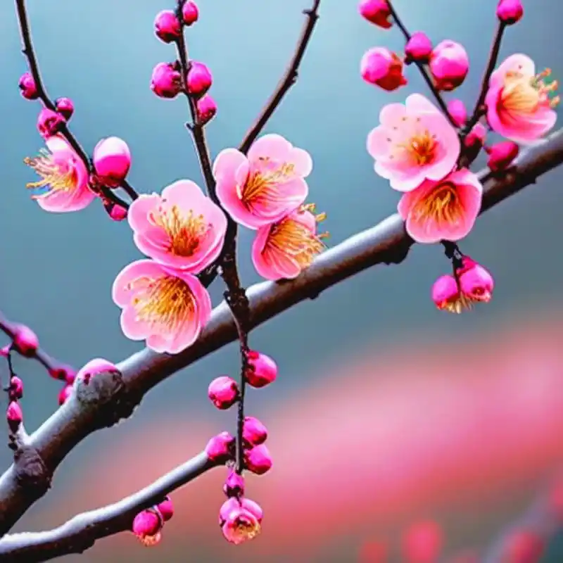 雪压枝头映梅花, 寒风中吐香自华. 冬日仙子下凡间, 赠予人间一抹霞.