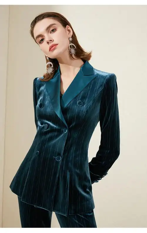 法曼努秋冬丝绒西装套装女新款修身时尚蓝色职业装金丝绒小西服阔腿裤