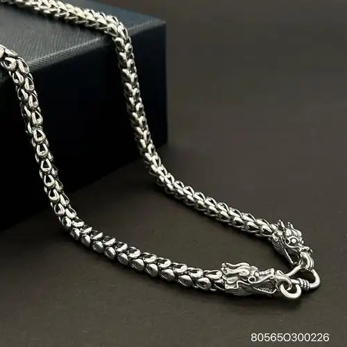 麻花粗款项链男士古巴嘻哈百搭银项链霸气双龙头时尚s925纯银男士