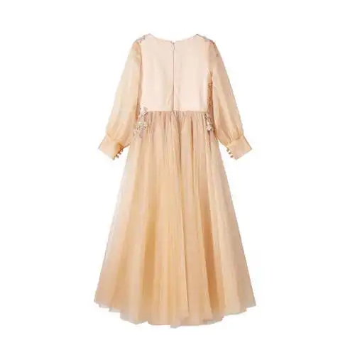 小女生长袖香槟色高端晚礼服天然优质棉料为天使造爱的衣服