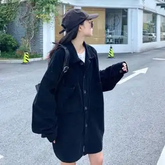 200斤中长款秋季穿搭女大学生韩版外套微胖显瘦上衣黑色l80-120斤内>