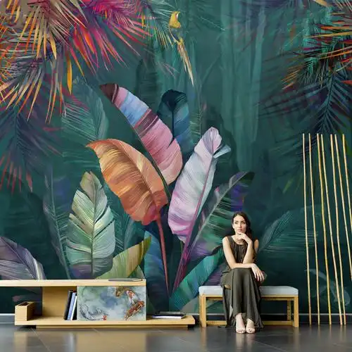 手绘热带雨林风景壁画绿色植物芭蕉叶墙纸墙布客厅酒店背景墙壁纸
