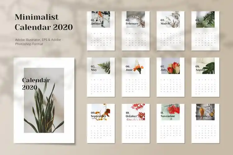极简设计风格2020年日历年历设计模板 calendar 2020 minimalist
