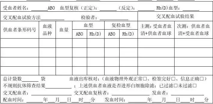 交叉配血及输血记录单