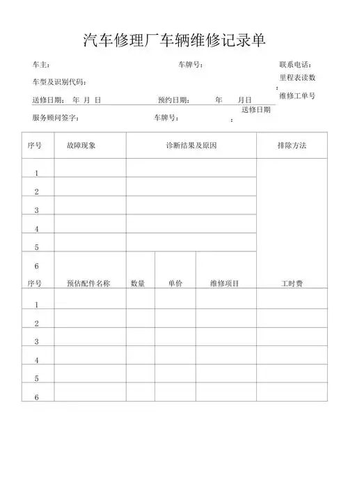 汽车修理厂车辆维修记录单