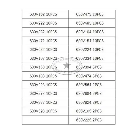 cbb电容25种630v 102 153 473104 334 684 225 200只电容器样品包