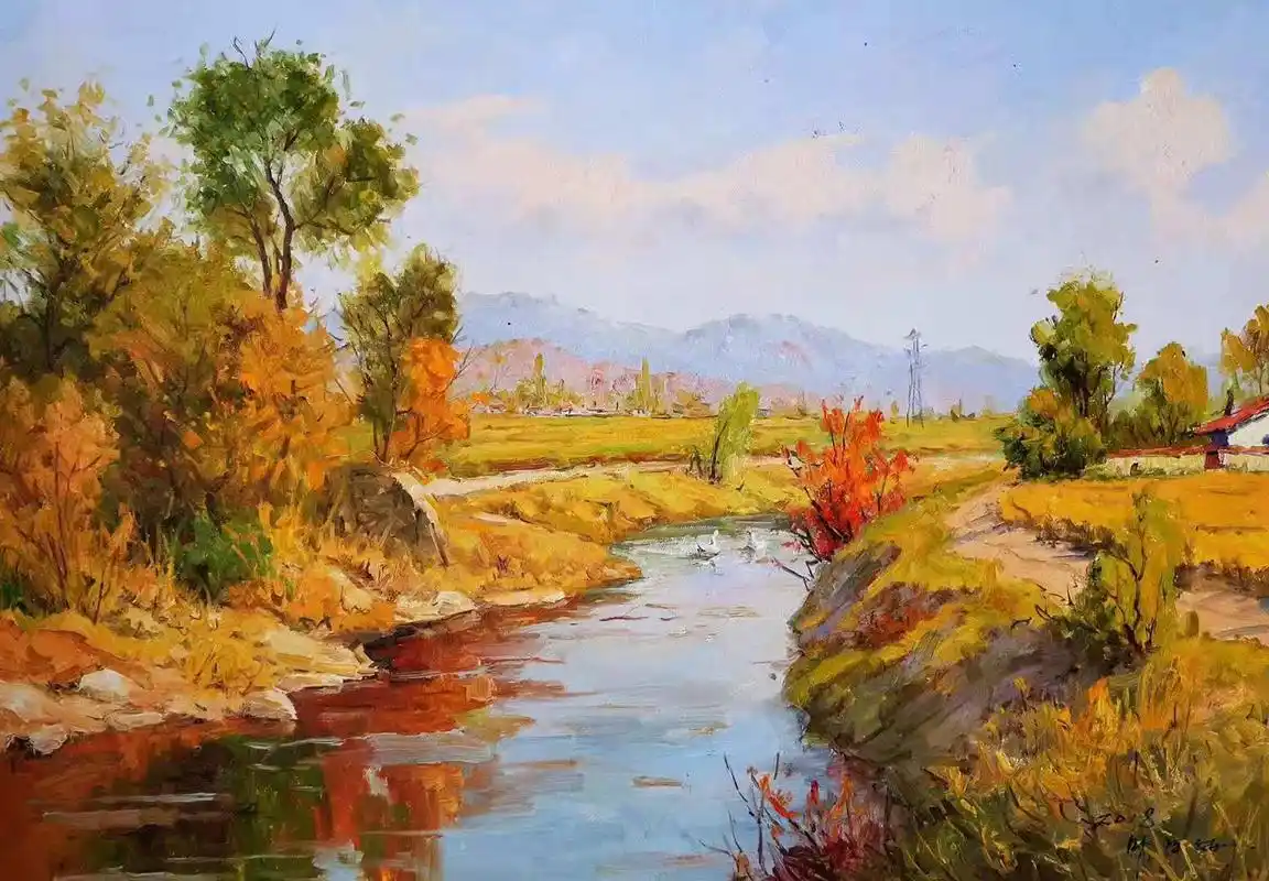 油画风景《河岸红枫》,72*51,马京燮 转载自百家号作者:8彩虹画室