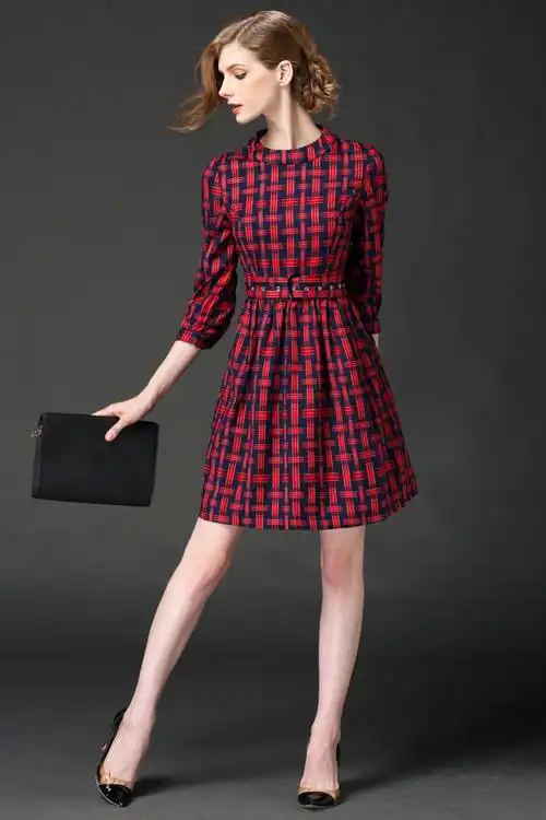 zx卓芯新款秋装连衣裙女中袖 欧美大牌格子连衣裙 显瘦女裙2057