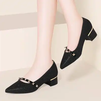 皮鞋女春秋2019新款半高跟中年妇女妈妈气质优雅舒适矮跟单鞋浅口