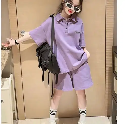 紫色套装女童夏季新款儿童洋气时髦两件套短袖t恤中大童运动夏款 - 17