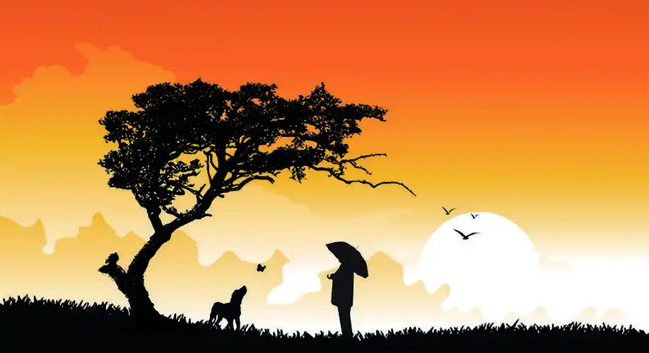 寂寞的人与狗,一个孤独的人和他的狗的剪影插图