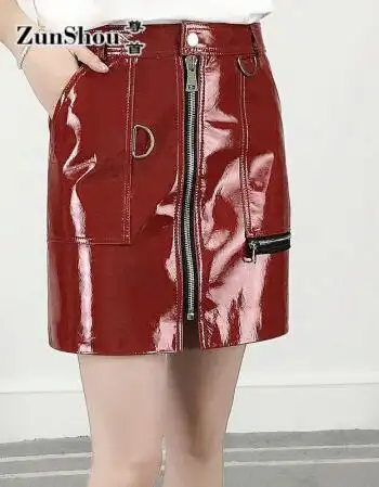 尊首 绵羊皮a字裙半身裙短裙漆皮包臀裙休闲裙时尚气质百搭一步裙同款