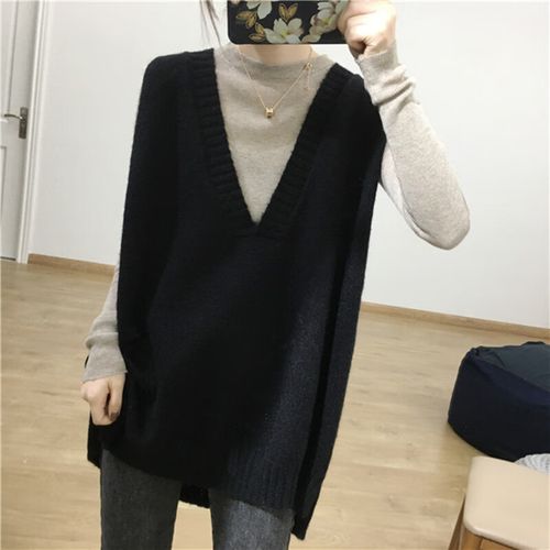 米胖妹妹毛马甲背心遮肉宽松毛外搭马甲女长款v领针织背心毛衫 黑色 s