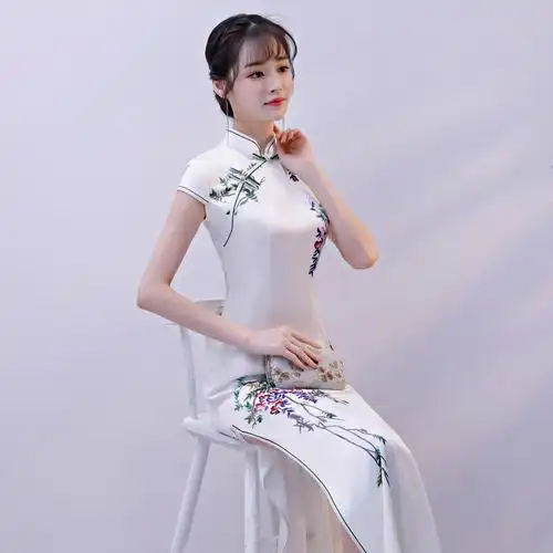 2018春夏款少女白色丝绸印花时尚清新改良日常长款双层旗袍连衣裙