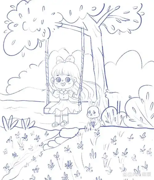 儿童插画系列26615|小女孩荡秋千      小女孩与小兔子系列插画第