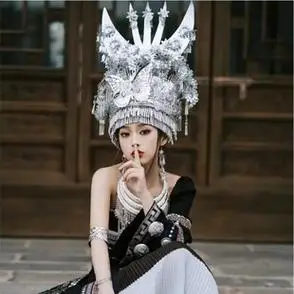 新款苗族头饰头戴阿卯头饰头戴苗银帽子贵州少数民族头饰苗族银饰